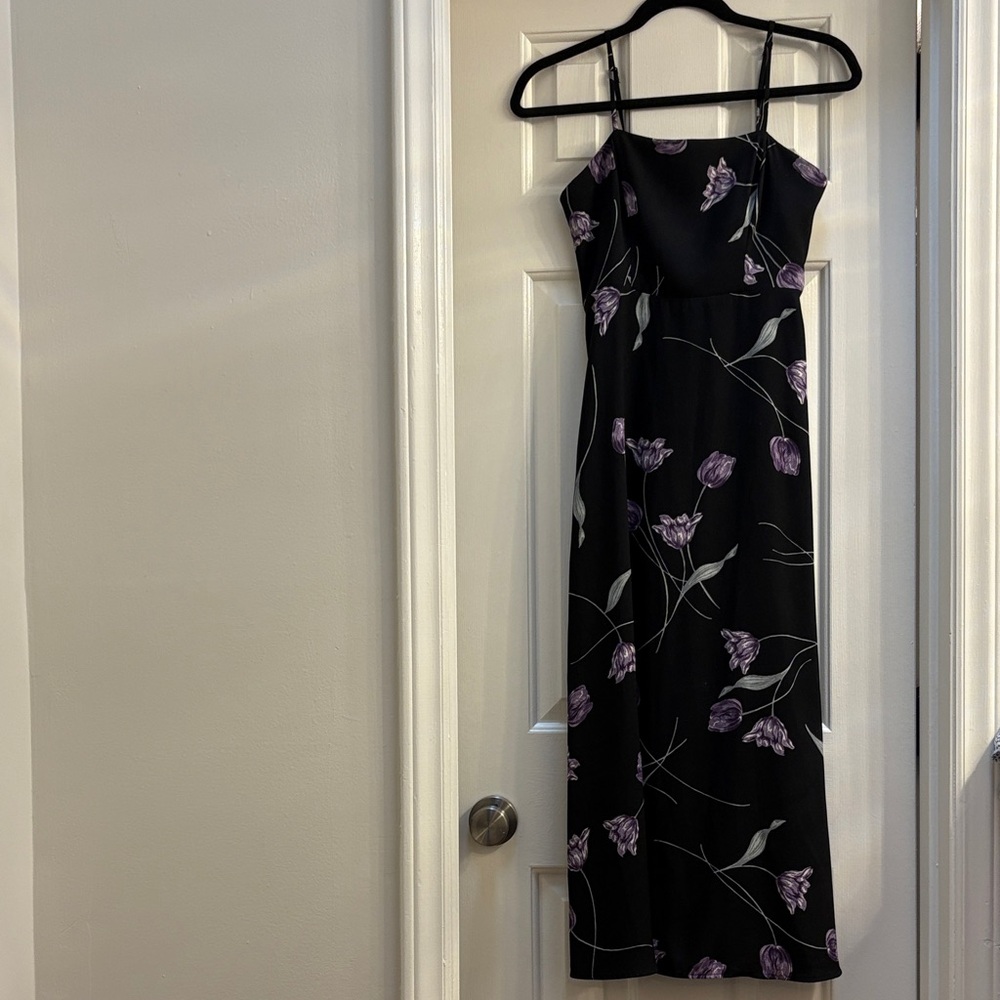 Elegant Black Maxi Dress with Purple Floral Pattern